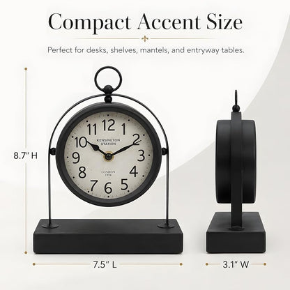 Vintage Black Table Clock with Glass Cover – Silent Mantel Desk Clock