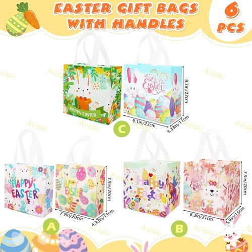 Aviski 6PCS Happy Easter Egg Hunt Bags, Assorted Sizes, Easter Bunny Carrot Chick Egg Treat Bag with Handles, Non-Woven Gifts Wrapping, Egg Hunt, Spring Party Supplies