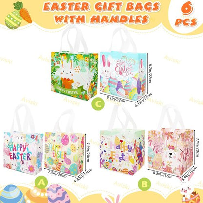 Aviski 6PCS Happy Easter Egg Hunt Bags, Assorted Sizes, Easter Bunny Carrot Chick Egg Treat Bag with Handles, Non-Woven Gifts Wrapping, Egg Hunt, Spring Party Supplies