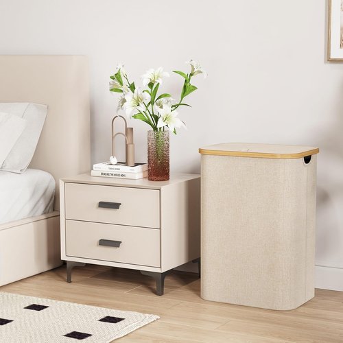 Lifewit 80L Laundry Basket - Foldable Hamper with Lid & Bamboo Handles | Beige, Removable Bag Included