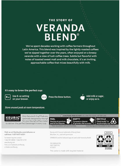 Starbucks K-Cup Coffee Pods - Blonde Roast Veranda Blend for Hot or Iced Coffee | 60 Count