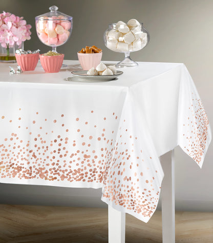 Prestee Rose/Gold Tablecloths, 4pk, 54"x108" | Gold Dot Disposable Tablecloths | Plastic Tablecloth | Rose Gold Plastic Tablecloths Cover | Paper Tablecloths for BBQ, Party, Fine Dining, Wedding