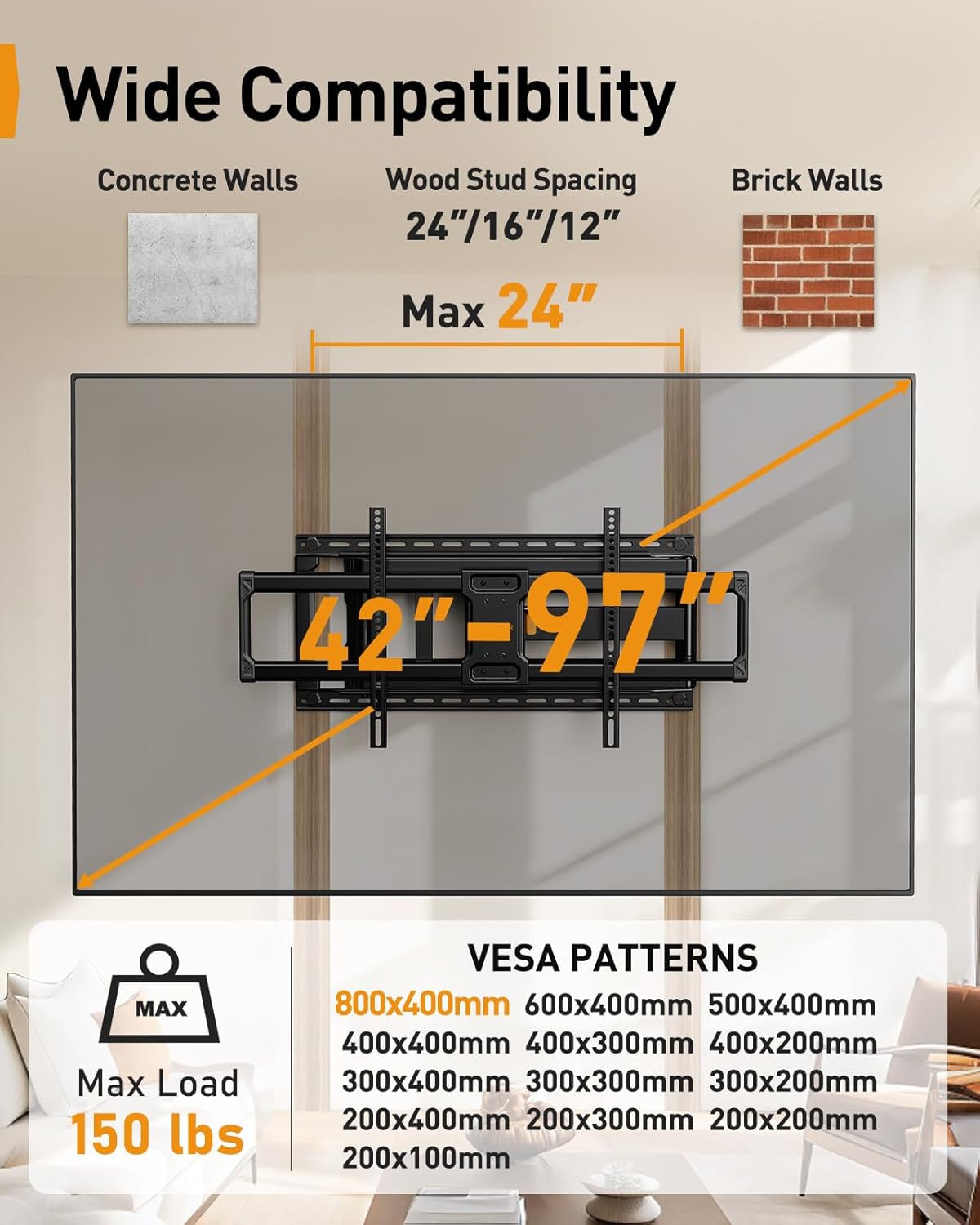Perlegear Full Motion TV Wall Mount - Fits 42–97 Inch TVs Up to 150 lbs | Easy Install with Swivel & Tilt