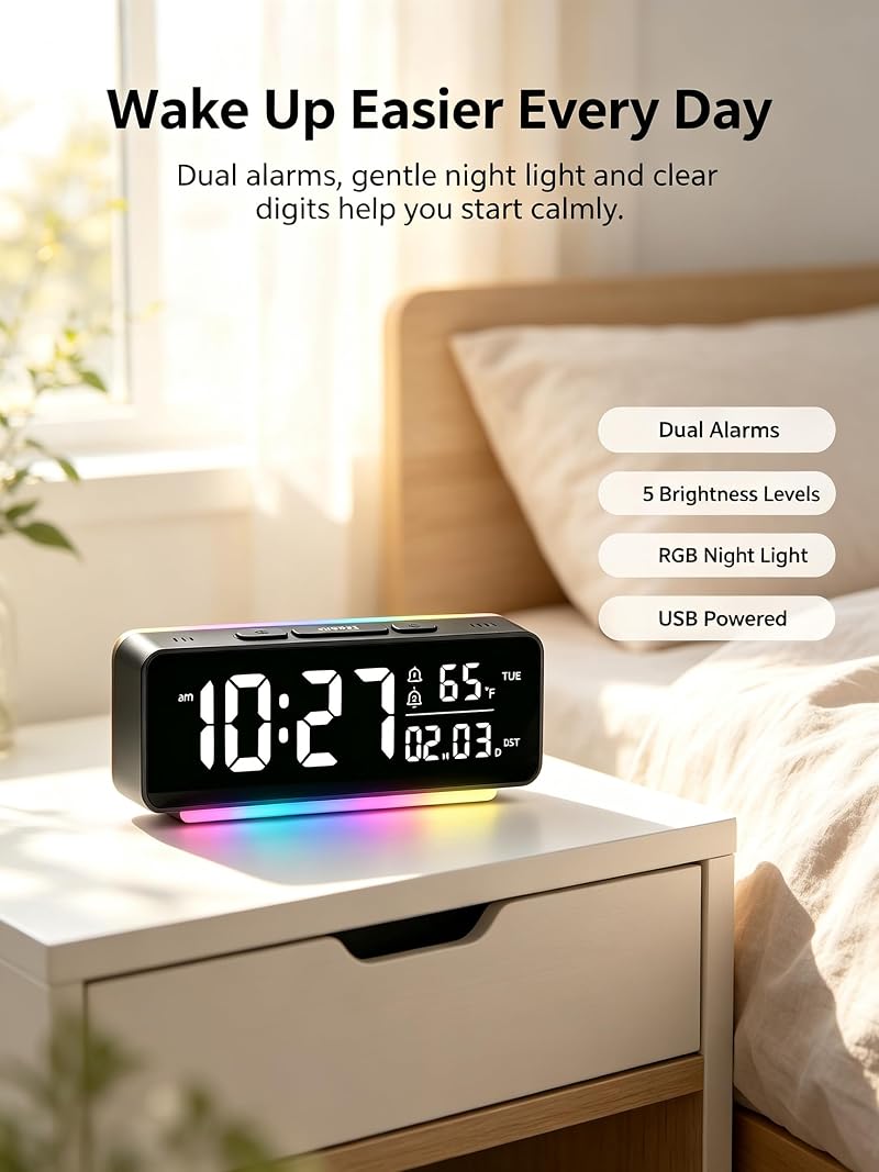 Digital Alarm Clock with RGB LED Light, Large Display, Dual Alarm, Temperature & Date
