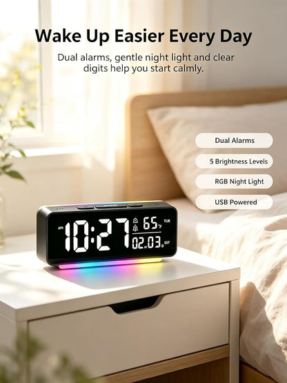 Digital Alarm Clock with RGB LED Light, Large Display, Dual Alarm, Temperature & Date