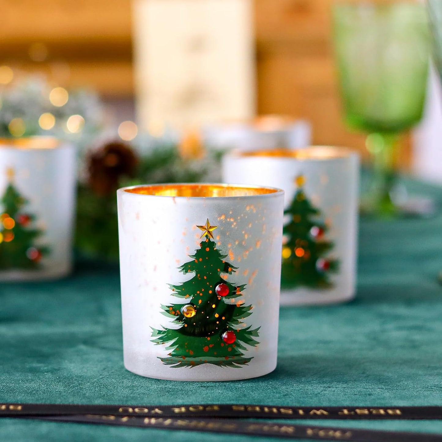 WDHODEC Christmas Candle Holders - Elegant Glass Votive Set for Table Centerpieces | Silver Finish