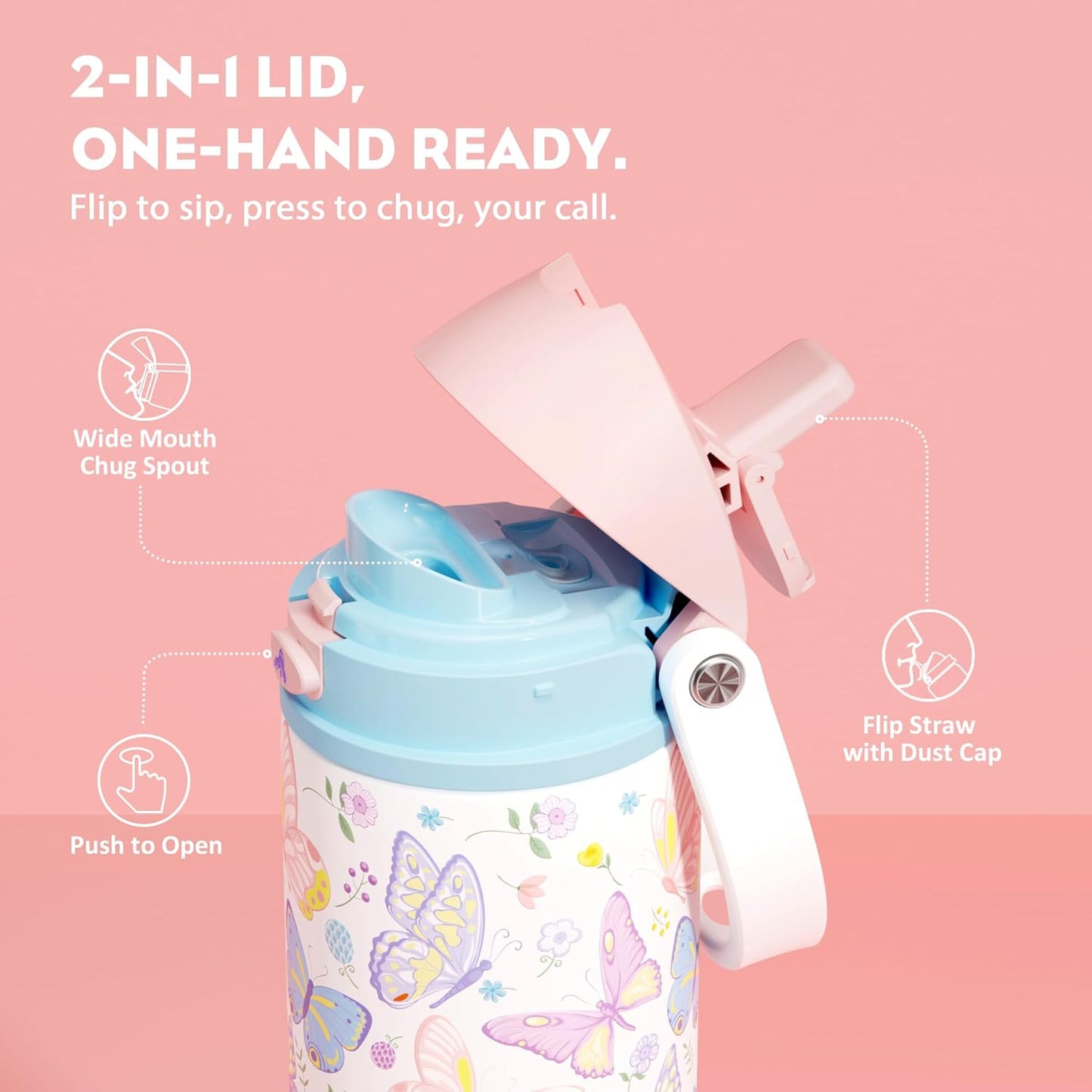 POWCAN 18 oz Insulated Water Bottle - 2-in-1 Push-Button Spout & Quick-Flip Straw Lid | Leakproof, Cold for 24 Hours, Fits Car Cup Holder, Stainless Steel (Butterfly Garden)