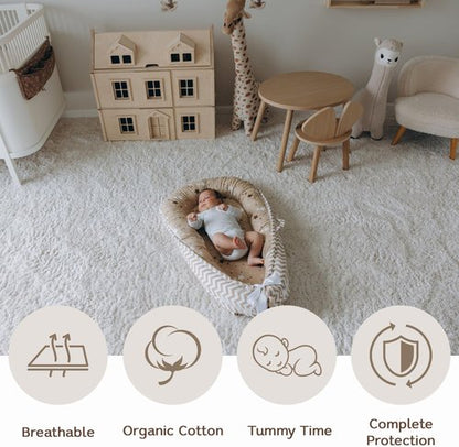 Aila+Aiden Baby Lounger - Organic Cotton Infant Lounger | Reversible & Portable Floor Lounger | Soft & Washable Cover - Star Collection (Tan)