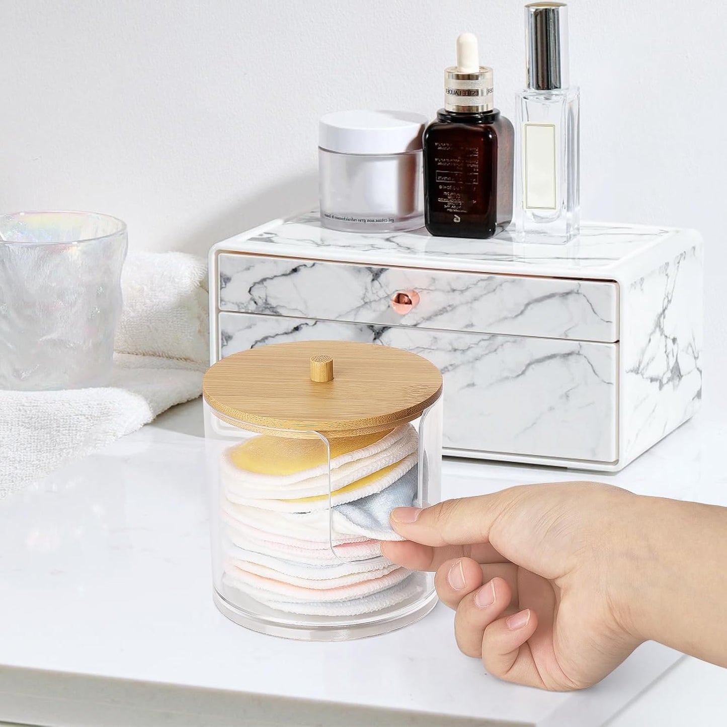 Tbestmax Cotton Pad Dispenser - Clear Plastic Bathroom Organizer with Bamboo Lid