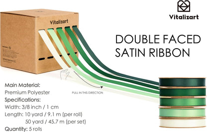 Vitalizart Satin Ribbon - Green & Cream Double-Faced Crafting Ribbon | 3/8" x 50 Yards for Gift Wrapping & Decorations