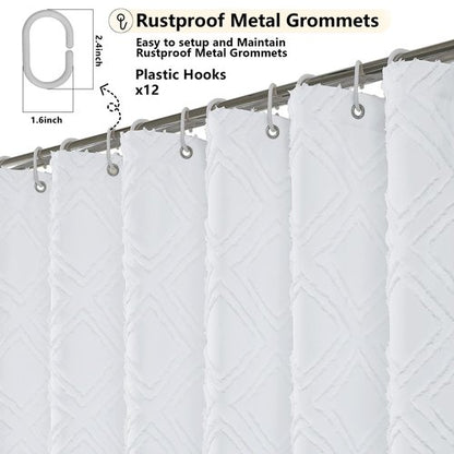 OWENIE White Shower Curtain Set, Jacquard Geometric Textured Fabric Boho Shower Curtains for Bathroom, Soft Hotel Style Farmhouse Shower Curtain Grommet Top 12 Hooks, Machine Washable, 72x72, White