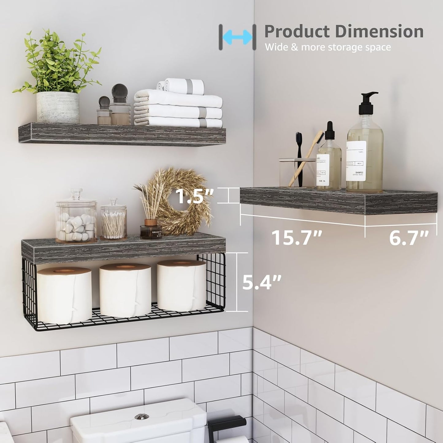 QEEIG Bathroom Shelves Over Toilet - Wall Mounted Floating Storage | Set of 3 Grey 16-Inch Farmhouse Decor