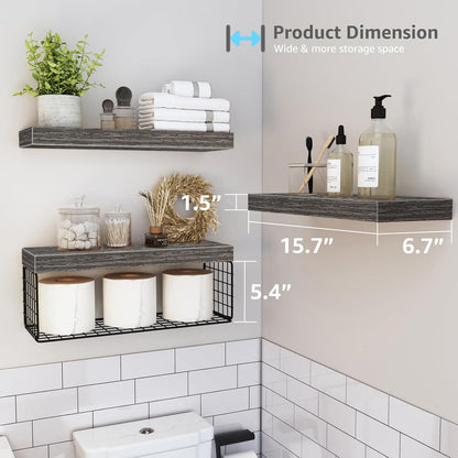 QEEIG Bathroom Shelves Over Toilet - Wall Mounted Floating Storage | Set of 3 Grey 16-Inch Farmhouse Decor