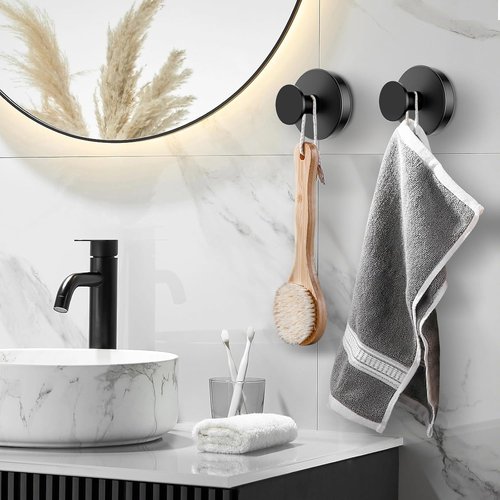 BKV Suction Cup Hooks - Removable Shower Hooks for Glass Windows | 2-Pack Black Metal Towel Hooks