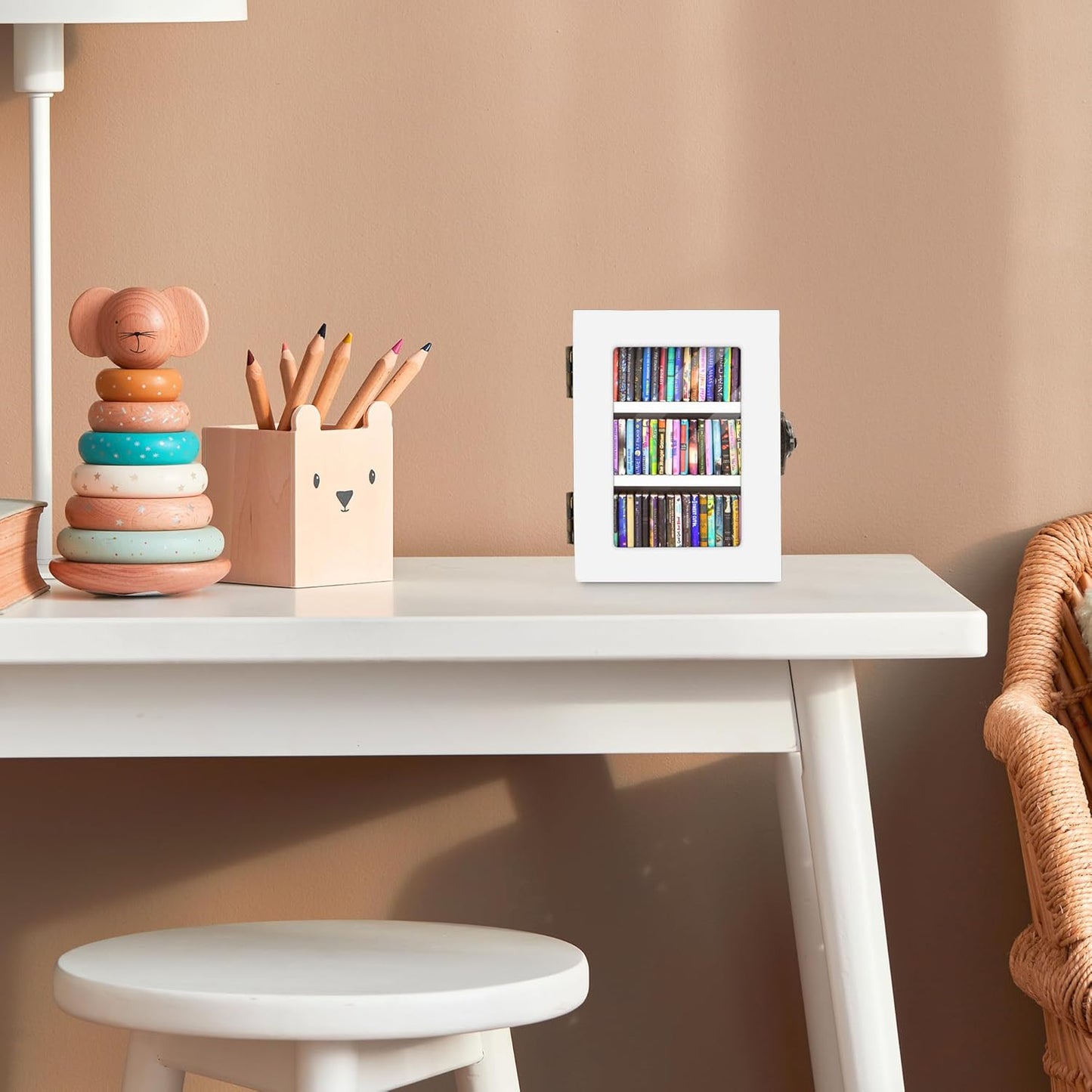 Regine Switzerland Mini Bookshelf - 60PCS Wooden Miniature Book Library for Stress Relief | Unique Gift for Book Lovers - White