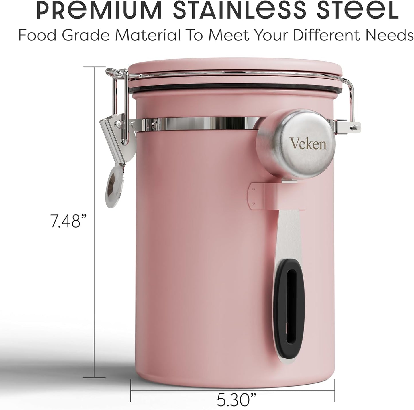 Veken Coffee Canister - Airtight Stainless Steel Container with Window | 22oz Pink for Grounds, Beans & Tea