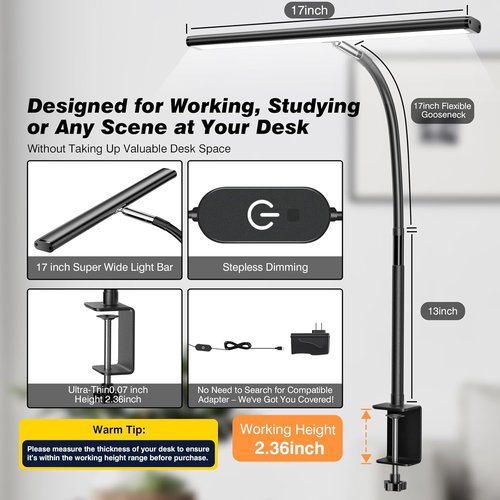 Airlonv LED Desk Lamp - Eye-Caring Adjustable Gooseneck Light with Stepless Dimming | Black, 10W USB Adapter