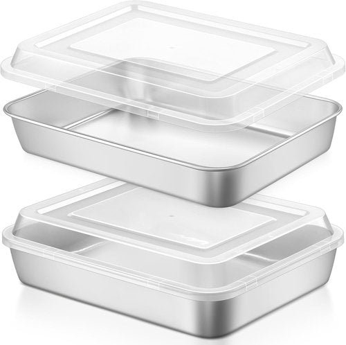 LIANYU Stainless Steel Baking Pan Set - 12⅓ x 9¾ x 2 Inch Rectangle Bakeware with Lids, Non-Toxic & Dishwasher Safe (2 Pans + 2 Lids)