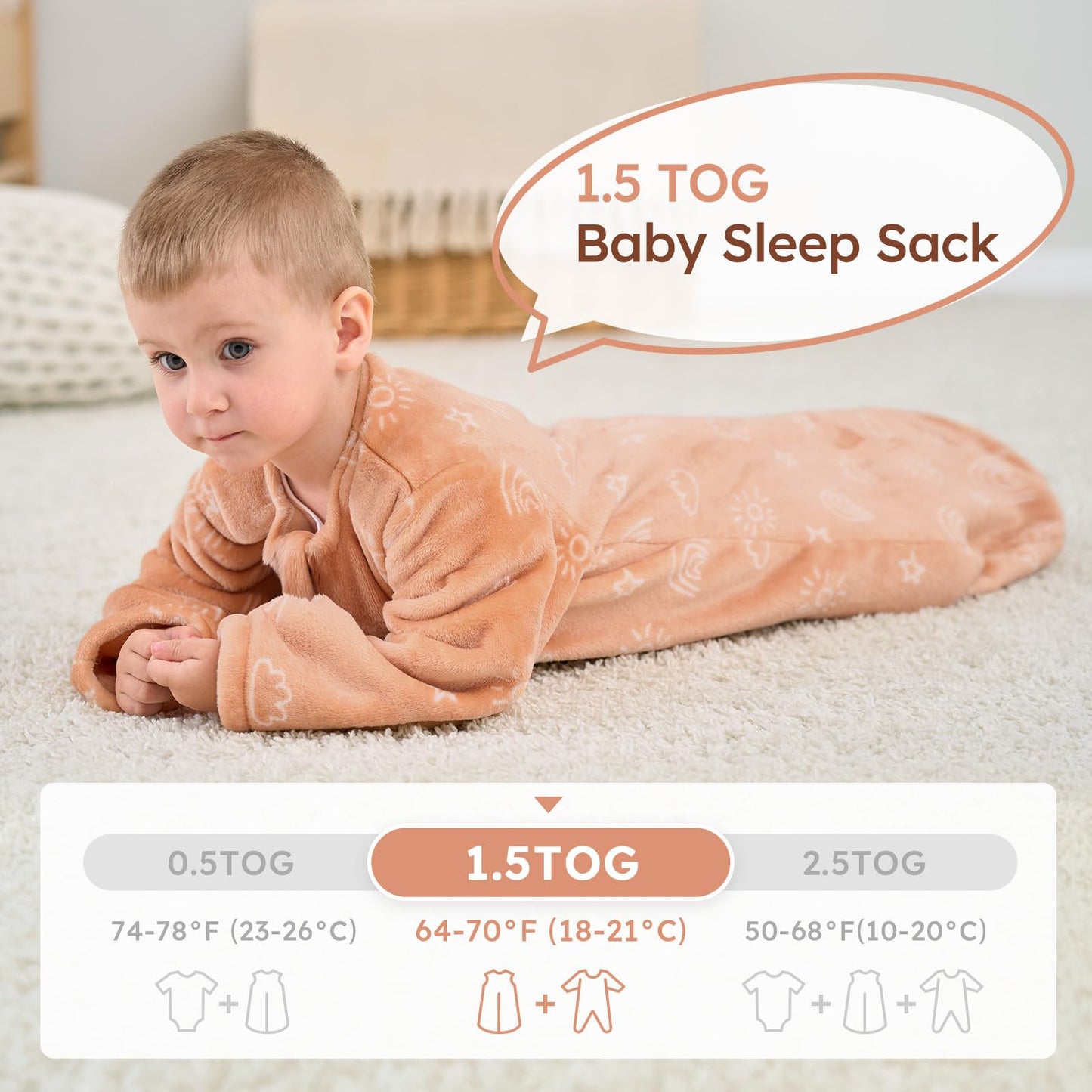 Yoofoss Baby Sleep Sack 6-12 Months, Long Sleeve Sleep Sack 1.5 Tog, Fleece Baby Wearable Blanket with 2-Way Zipper, Soft Warm