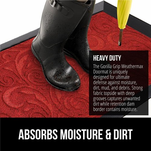 GORILLA GRIP Waterproof All-Season WeatherMAX Doormat - 35x23 Natural Rubber, Stain & Fade Resistant, Easy Clean, Red Vintage Wine