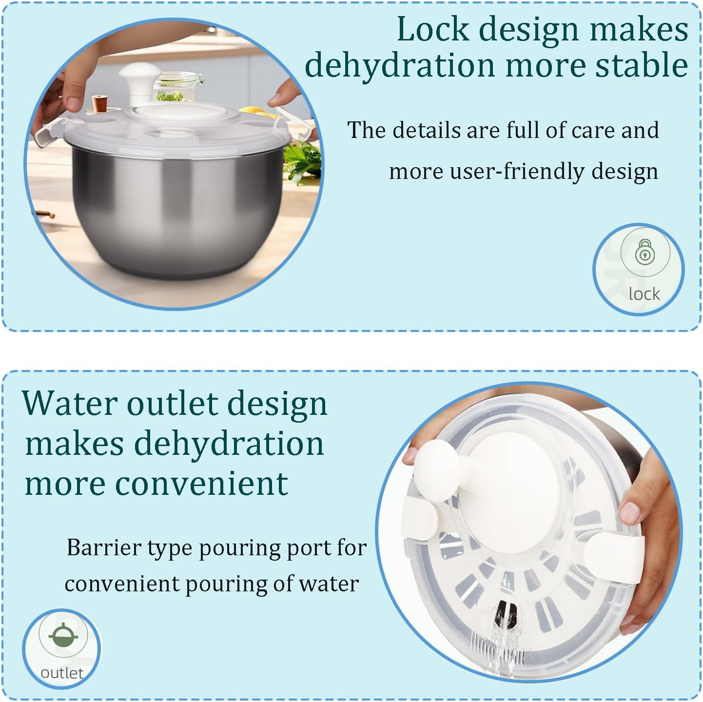 Skiennix 6L Stainless Steel Salad Spinner - Non-Slip Base & Multi-Use Vegetable Strainer