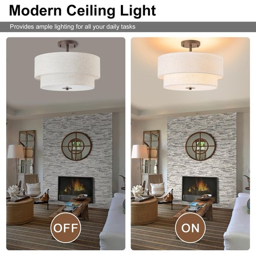 Bargeni 16" Semi Flush Mount Ceiling Light, 3-Light Drum Ceiling Light Fixture, Oil Rubbed Bronze with Double Linen Fabric Shade, Modern Light Fixtures Ceiling Mount for Bedroom, Living Room, Entryway