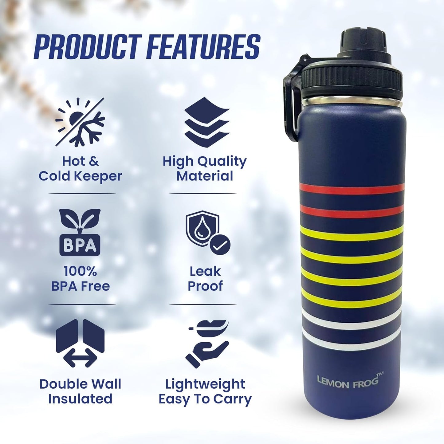 Stainless Steel Water Bottle - 24oz Double Insulated, Leak-Proof, BPA-Free | Keeps Drinks Cold for 24Hrs, Hot for 12Hrs - Denim Blue