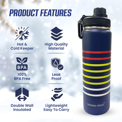 Stainless Steel Water Bottle - 24oz Double Insulated, Leak-Proof, BPA-Free | Keeps Drinks Cold for 24Hrs, Hot for 12Hrs - Denim Blue