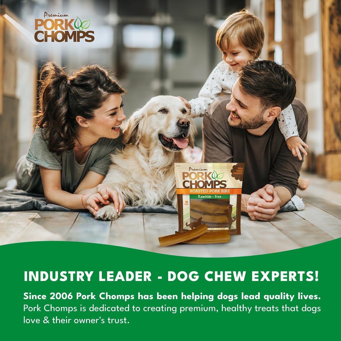 Pork Chomps Roasted Pork Skin Dog Chews - Long-Lasting, High Protein, Rawhide-Free | 6 Inch Rib Shapes, 10 Count