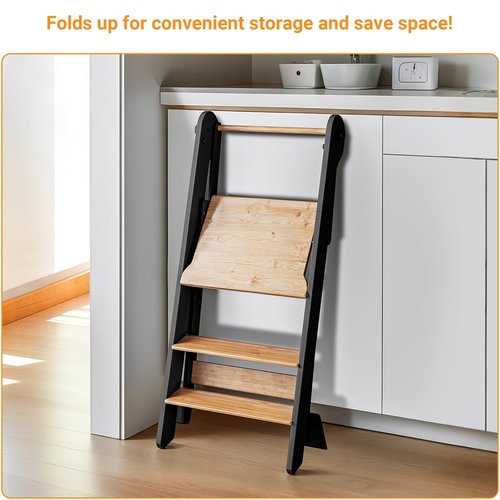 COSYLAND Foldable Toddler Standing Tower - Adjustable Height Folding Step Stool Kid Toddler Kitchen Stool for Learning and Cooking - Ages 18 Months to 6 Years with Safety Net Natural & Charcoal