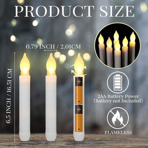 Macarrie Flameless LED Taper Candles - 60 Pcs Battery Operated with Warm Flickering Light | White