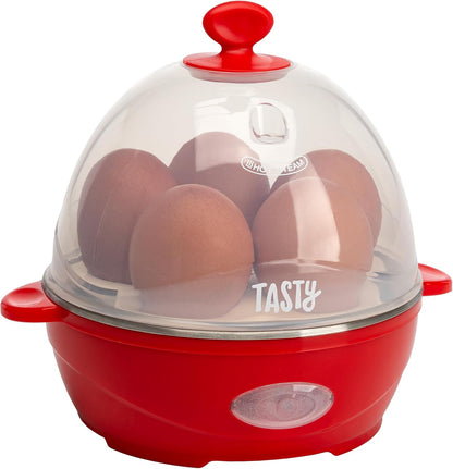Tasty Mini Egg Cooker - 5-Egg Capacity for Perfect Hard Boiled Eggs & Omelets | Auto Shut Off, Red