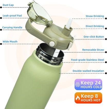 BJPKPK Insulated Water Bottle - 45 oz Stainless Steel with Straw & One-Handed Lid | BPA-Free, Light Green