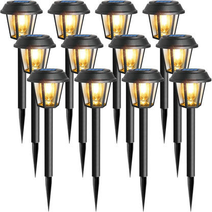 Priddop Solar Pathway Lights - 12 Pack Waterproof Outdoor Lights | 3000K Warm White Bulbs for Garden & Driveway