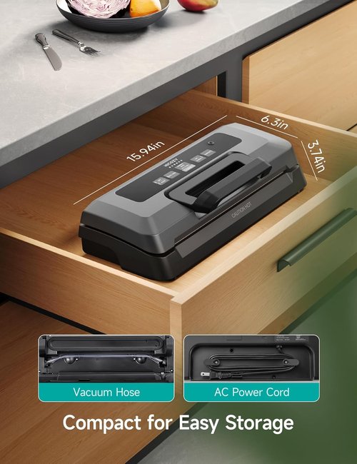 HiCOZY Vacuum Sealer - Powerful Heat Sealing Machine with 7 Automatic Modes | Compact Design & Accessories Included, Space Gray
