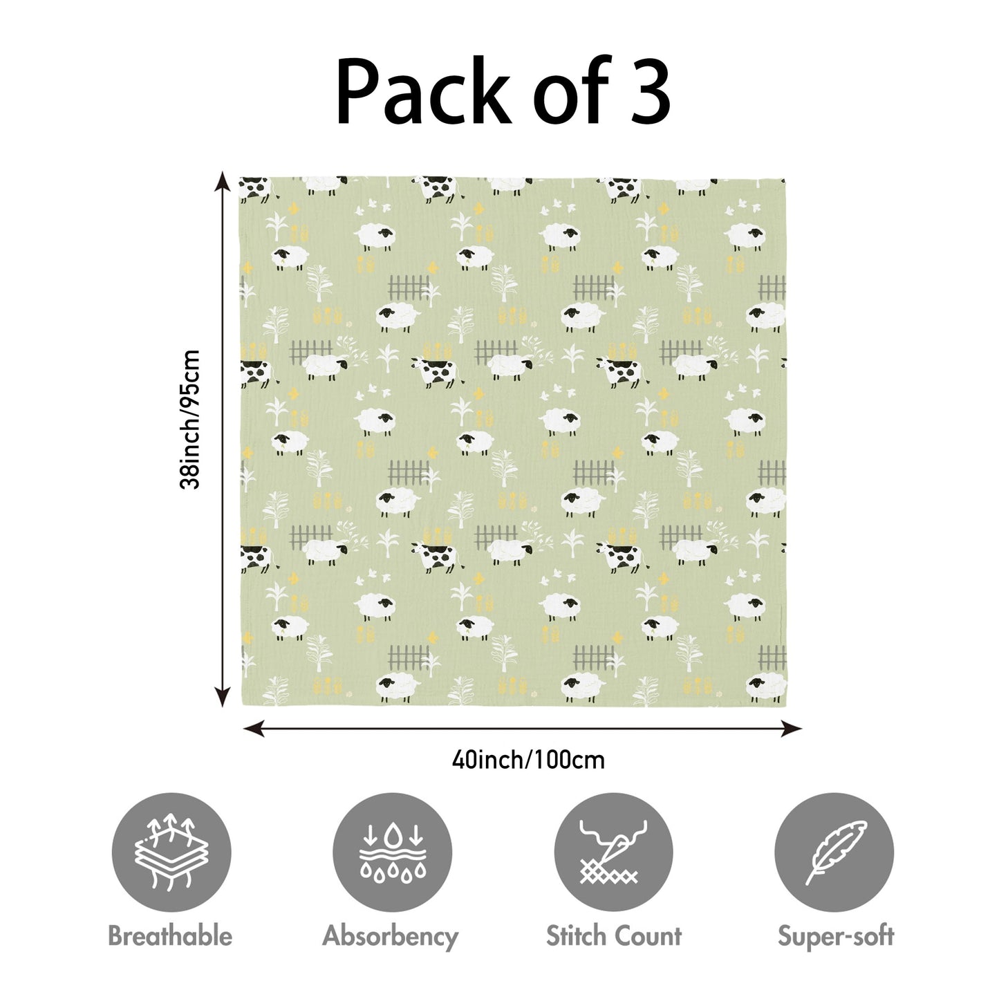 Muslin Swaddle Blankets for Newborn, 3 Pack Breathable Soft Receiving Blanket, Large 38 x 40 inches Swaddle Wrap Burping Clothes Diapers, Essentials Infant Shower Items, Toddler Gift (Cute Farm)