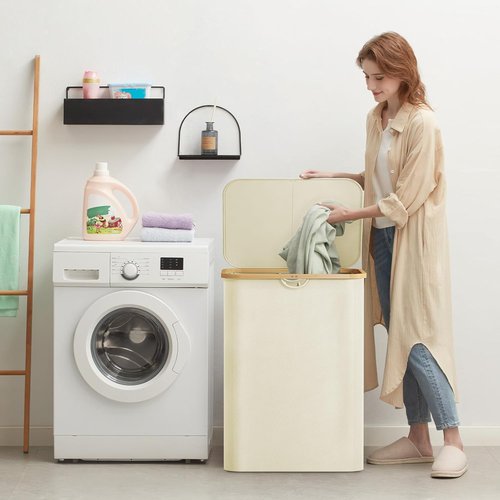 Lifewit 150L Laundry Basket - Foldable Hamper with Lid & Bamboo Handles | White, Large Size