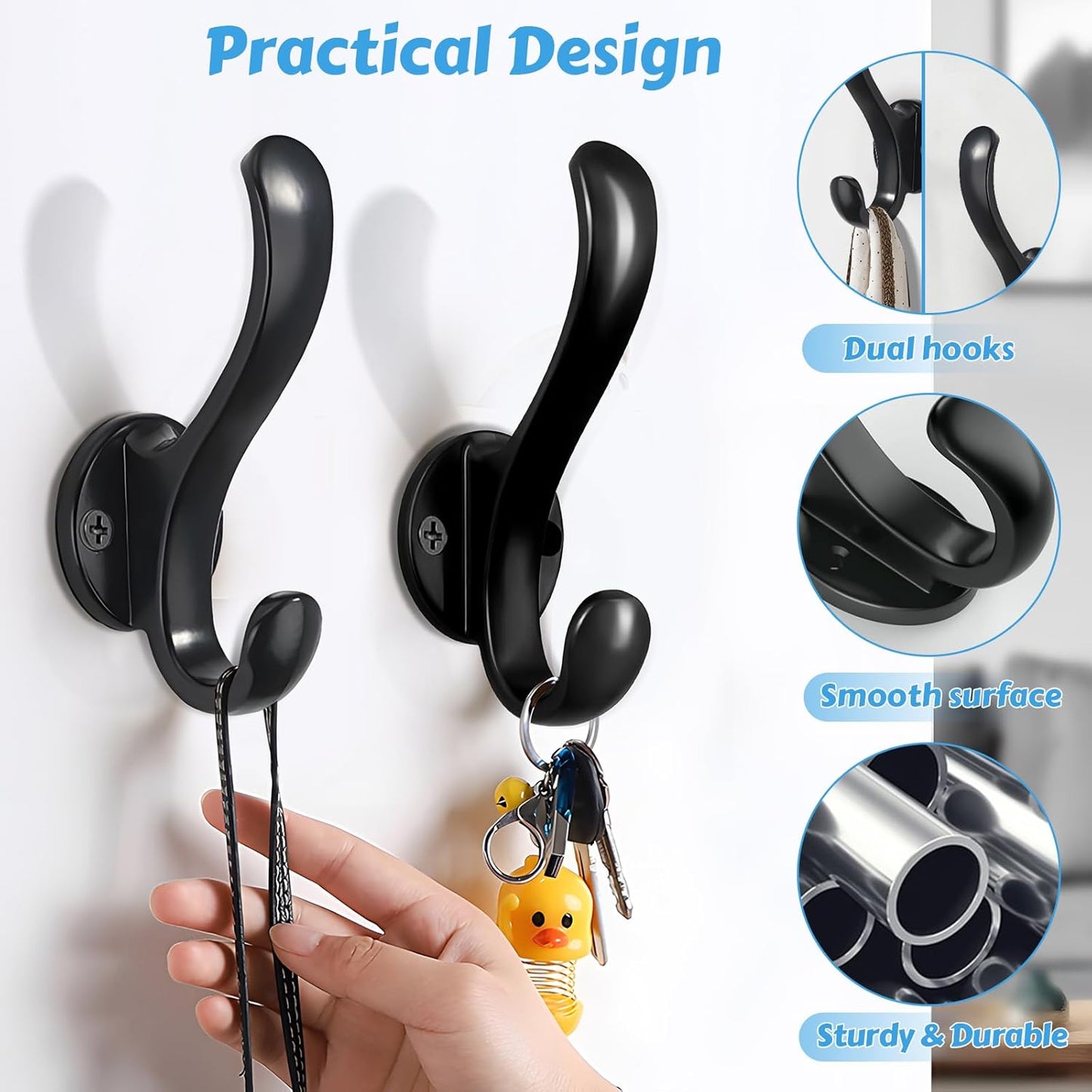 Regine Switzerland 6-Pack Heavy Duty Wall Mount Coat Hooks - Retro Double Hooks for Coats, Hats, Towels & More (Black)