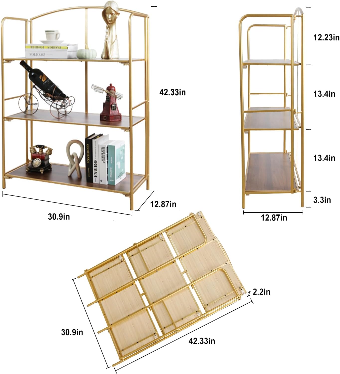 Crofy Folding Bookshelf - 3 Tier Gold Collapsible Bookcase for Living Room & Home Office Storage