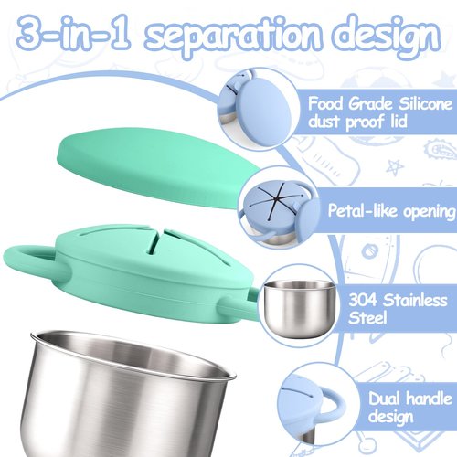 Mity rain 2-Pack Stainless Steel Snack Containers for Kids with Spill-Proof Silicone Lids & Handles - 3-in-1 Baby Snack Cups, No-Spill Toddler Snack Box, Perfect for On-the-Go Healthy Eating