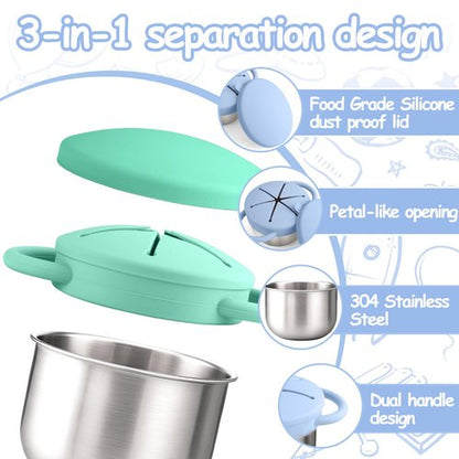 Mity rain 2-Pack Stainless Steel Snack Containers for Kids with Spill-Proof Silicone Lids & Handles - 3-in-1 Baby Snack Cups, No-Spill Toddler Snack Box, Perfect for On-the-Go Healthy Eating