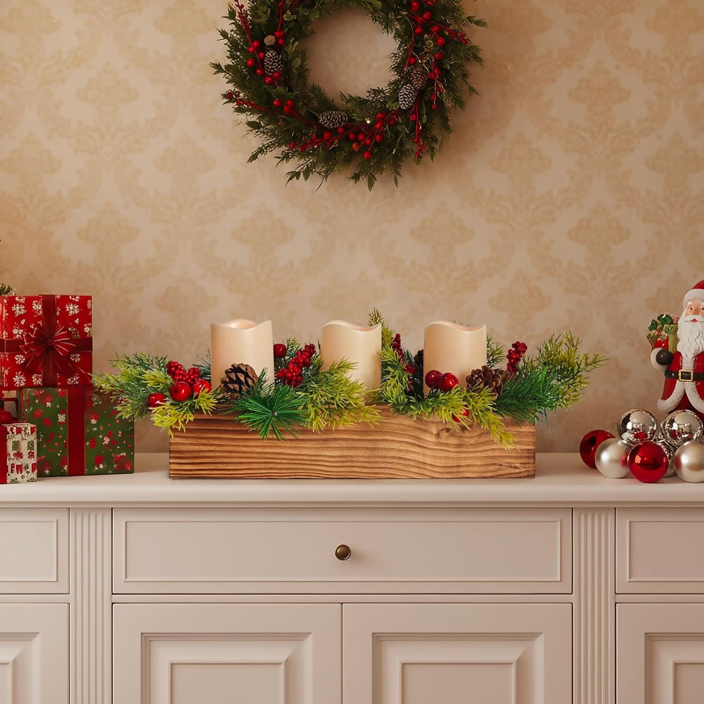 Skiennix Christmas Table Centerpiece - 3 Flameless LED Candles with Pine Cones & Red Berries | Rustic Wood Holders for Holiday Dining