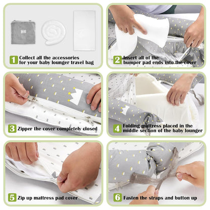 **Baby Lounger | 100% Cotton Breathable Infant Support Cushion - Adjustable Size, Portable for Home & Travel (Crown Grey)**