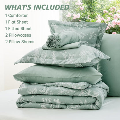 MUXHOMO Queen Comforter Set - 7-Piece Sage Green Bedding with Reversible Botanical Design & Ultra Soft Fabric