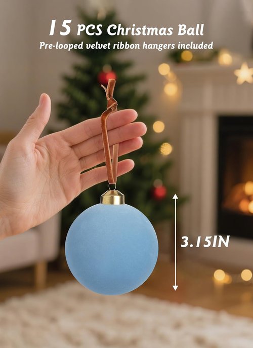 Brightown 15 Pcs Light Blue Velvet Christmas Balls - 3.15 Inch Plush Ornaments for Holiday Decor