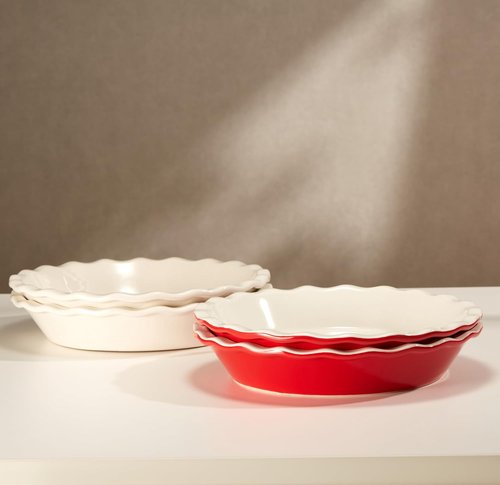 KooK Ceramic Pie Pan - Reusable 9-Inch Round Baking Dish | Deep Wave Edge for Quiches & Tarts - Set of 2, Ivory