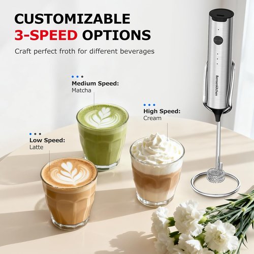 Bonsenkitchen Rechargeable Milk Frother - 3-Speed Handheld Electric Whisk for Lattes & Cappuccinos