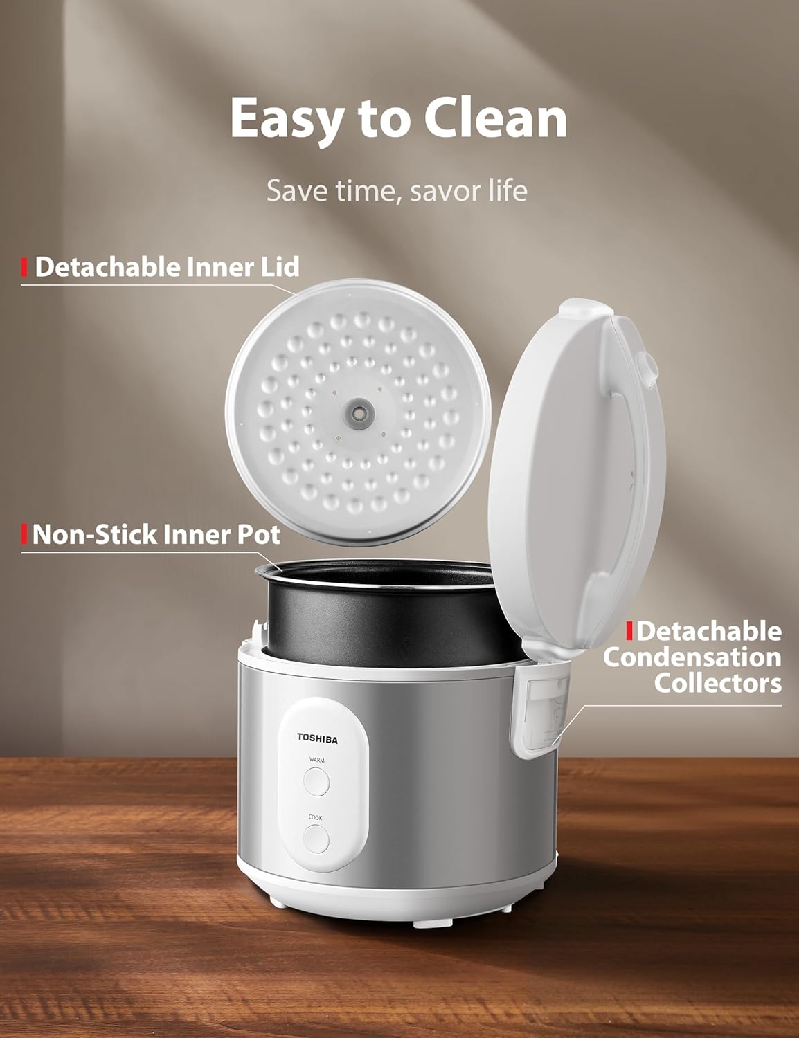 TOSHIBA 5.5 Cup Rice Cooker & Steamer - Removable Non-Stick Pot, One-Touch Function, Silver White