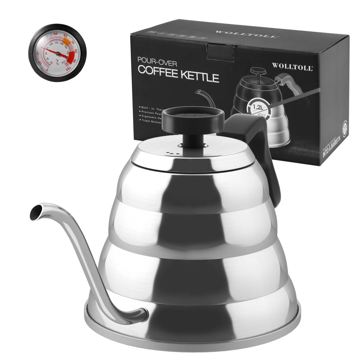 Stainless Steel Pour Over Coffee & Tea Kettle with Thermometer for Gooseneck Spout Pot Stovetop Teapot, Induction and all Stovetops for Camping, Home & Kitchen, Brushed Finish, 1.2 Liter, 40 fl oz