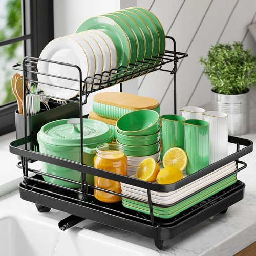 Kitsure Dish Drying Rack - Stainless Steel Kitchen Organizer with Cutlery Holder | 12"W x 15.5"L, Black